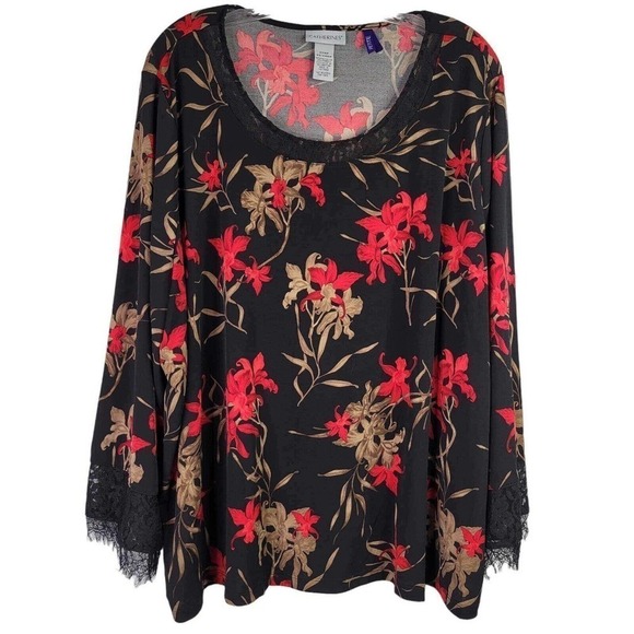 Catherines Tunic Top Womens Plus 2XWP Black Red LS Sleeve Floral Pullover New - Picture 2 of 14